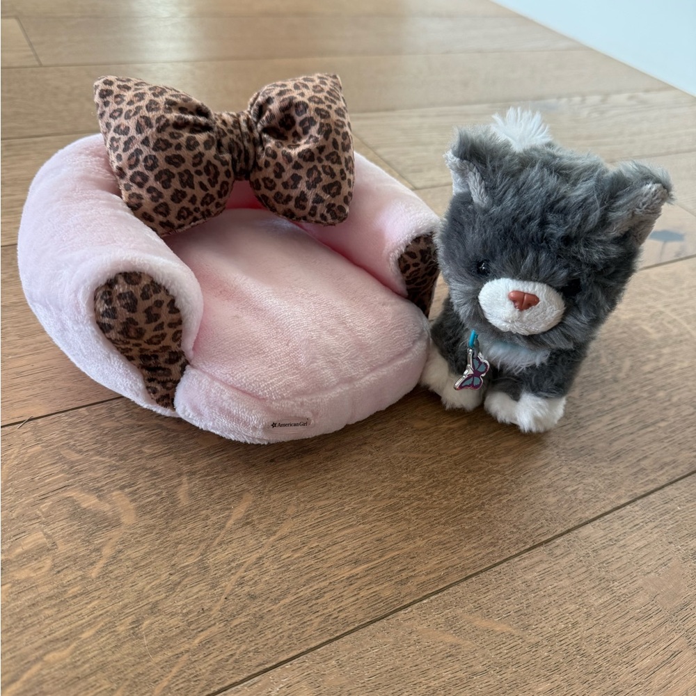 American Girl Pink and Leopard Print Cat Plush Chair with Bow and kitty.
